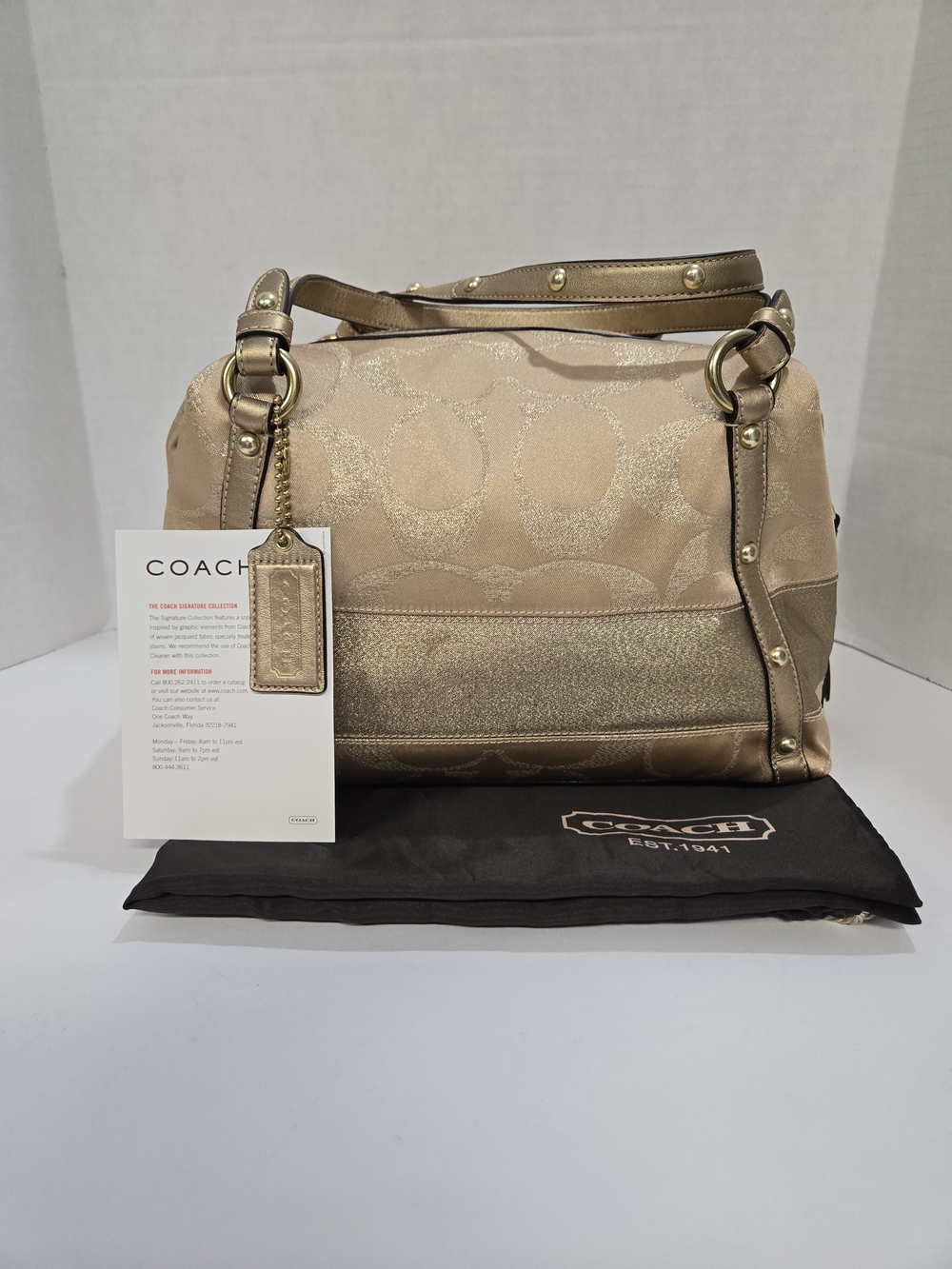 2008 Coach Gold Lurex Signature Stripe Studed Satchel NWOT 12.5"x8"x5"